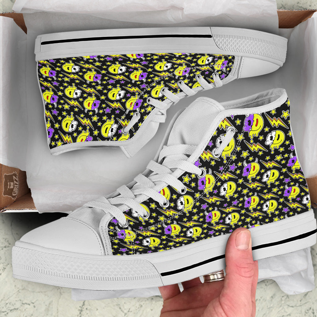 Psychedelic Trippy Acid Emoji Print Pattern White High Top Shoes-grizzshop