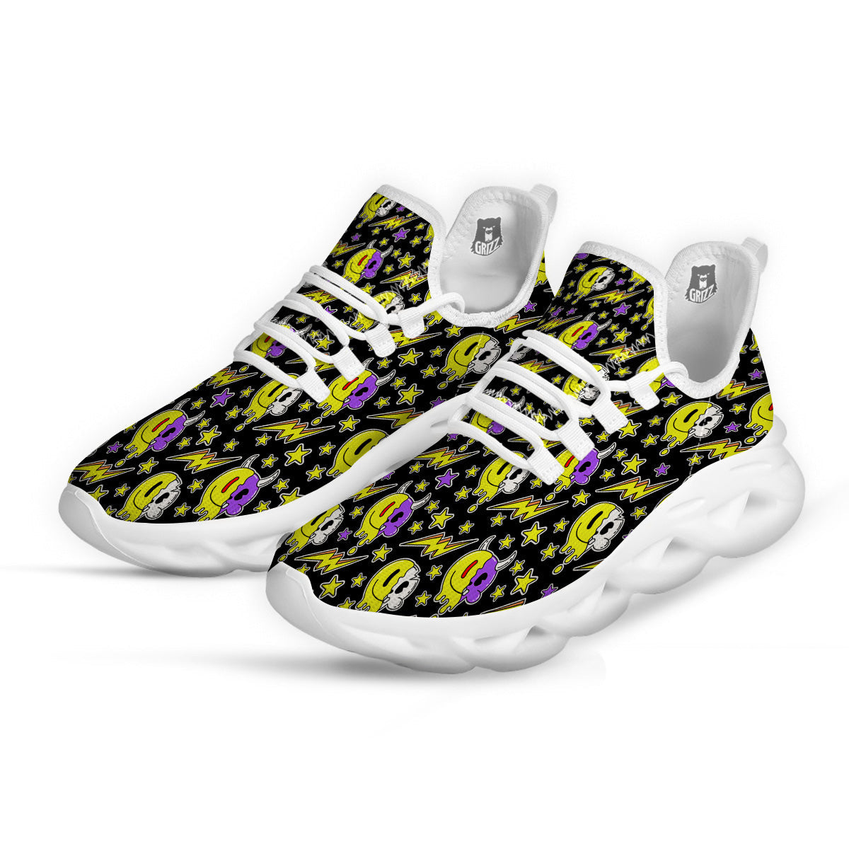 Psychedelic Trippy Acid Emoji Print Pattern White Running Shoes-grizzshop