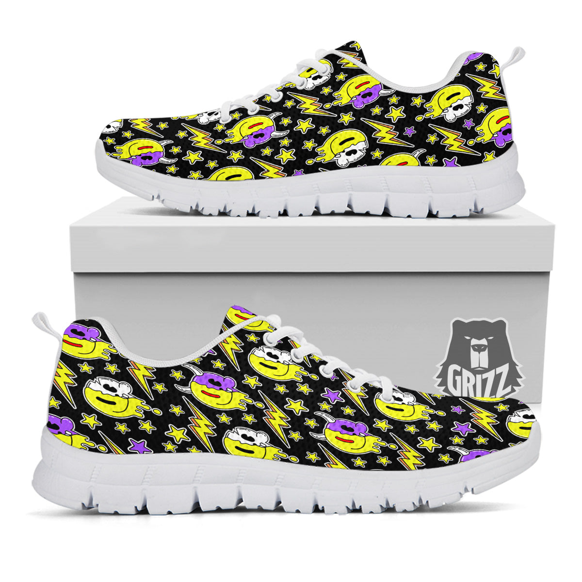 Psychedelic Trippy Acid Emoji Print Pattern White Sneaker-grizzshop