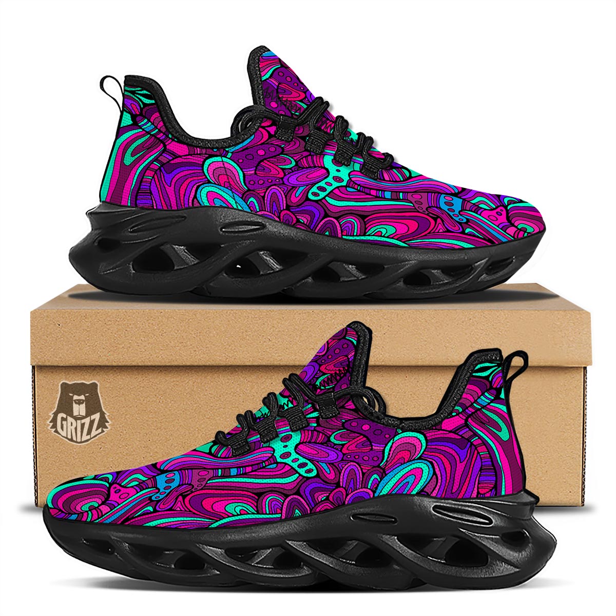 Psychedelic Trippy Doodle Black Running Shoes-grizzshop