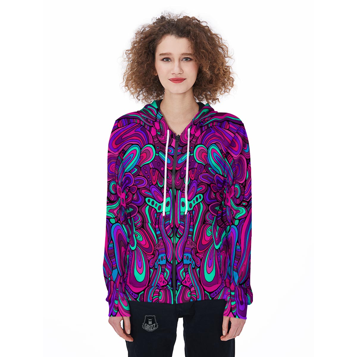 Psychedelic Trippy Doodle Women's Zip Up Hoodie-grizzshop