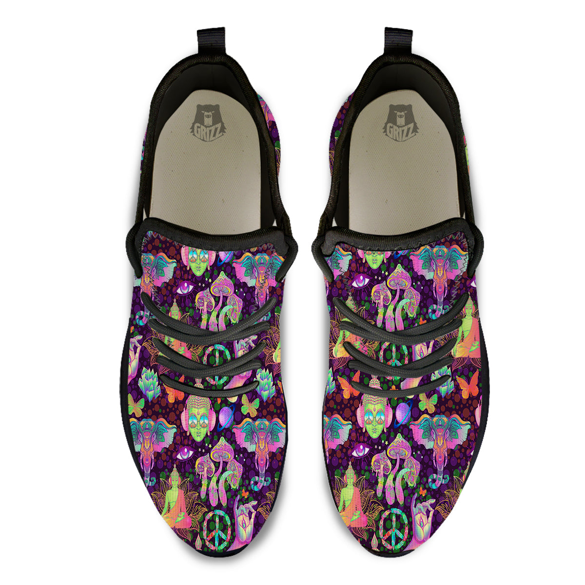 Psychedelic Trippy Drug Cartoon Print Pattern Black Athletic Shoes-grizzshop