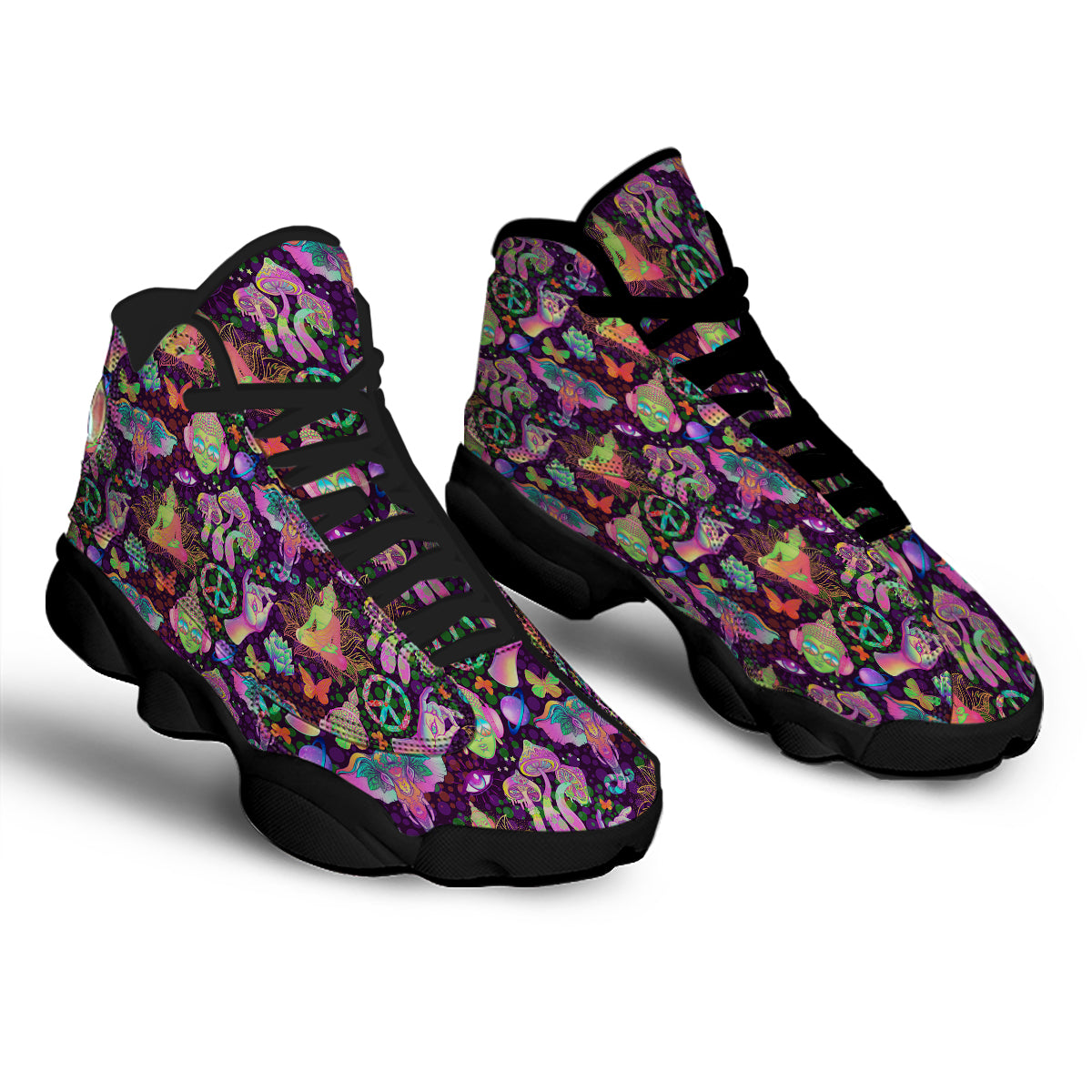 Psychedelic Trippy Drug Cartoon Print Pattern Black Basketball Shoes-grizzshop