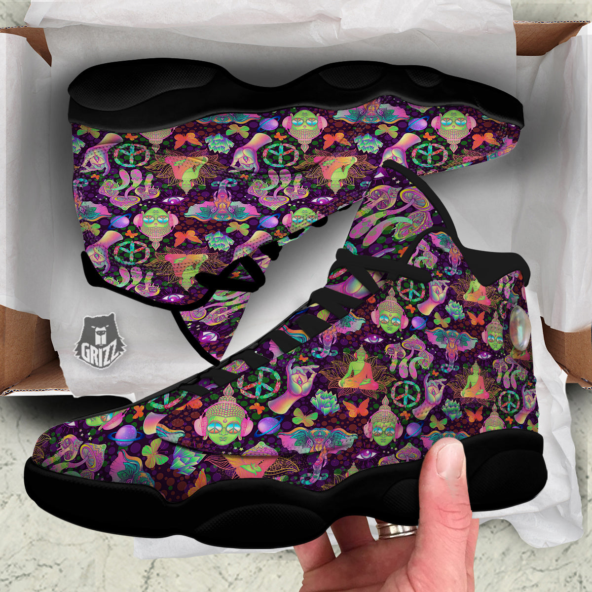 Psychedelic Trippy Drug Cartoon Print Pattern Black Basketball Shoes-grizzshop