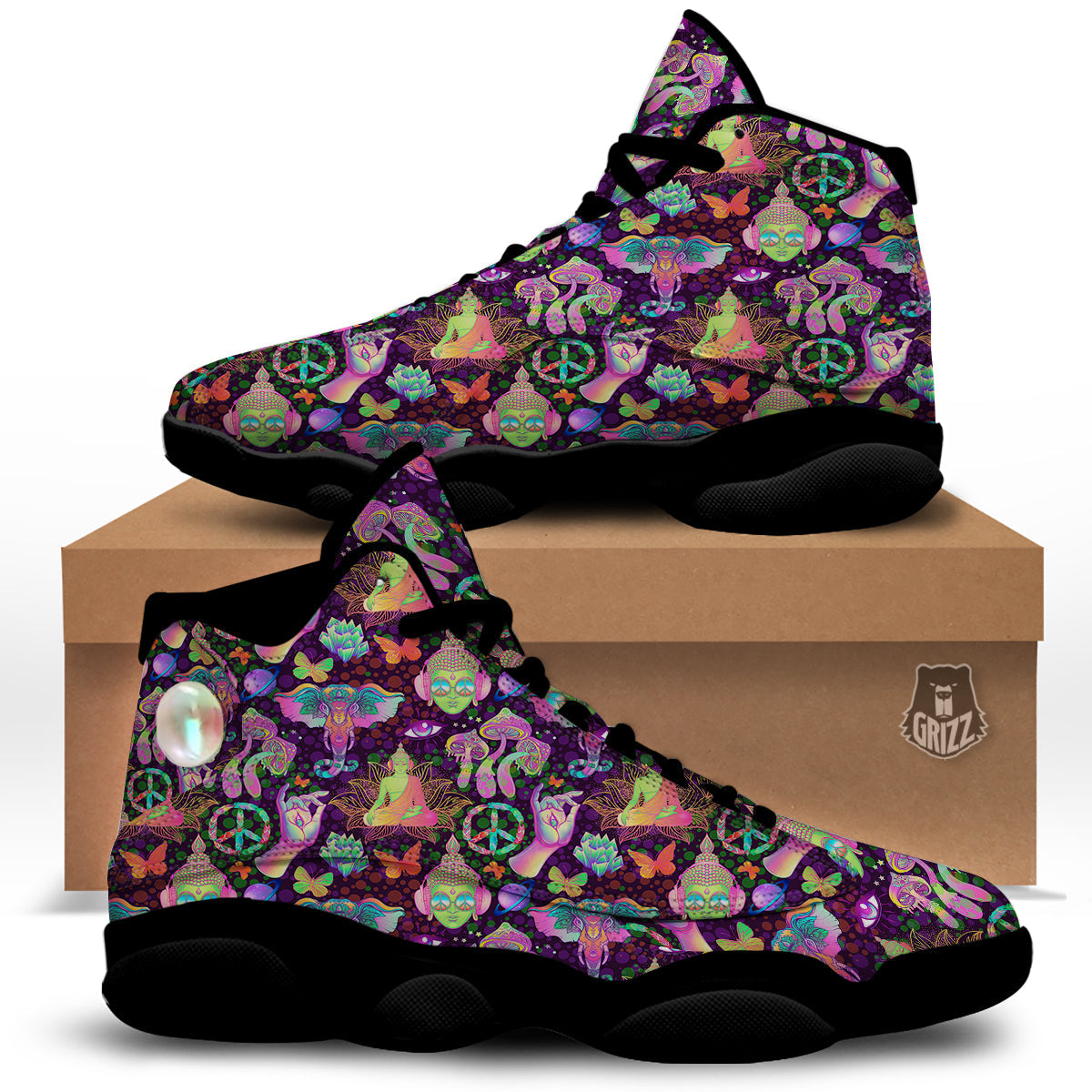 Psychedelic Trippy Drug Cartoon Print Pattern Black Basketball Shoes-grizzshop