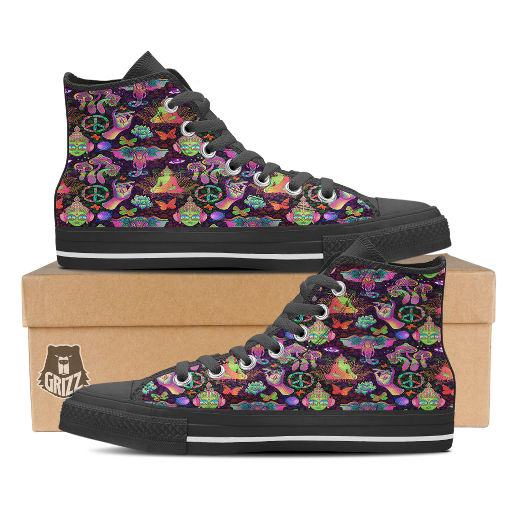 Psychedelic Trippy Drug Cartoon Print Pattern Black High Top Shoes-grizzshop