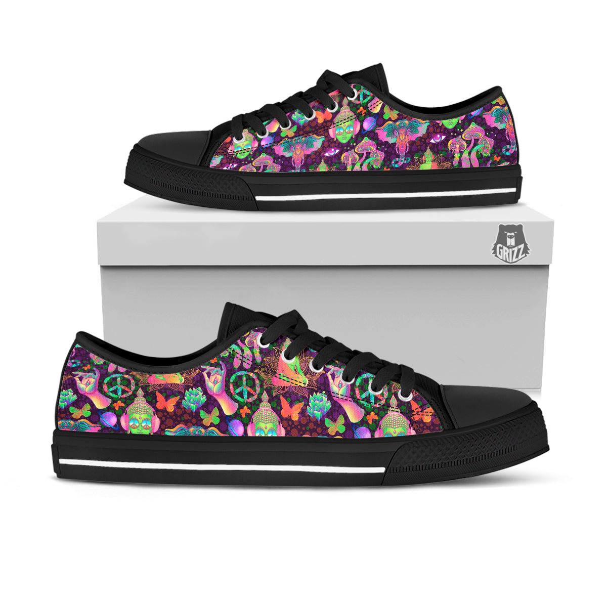 Psychedelic Trippy Drug Cartoon Print Pattern Black Low Top Shoes-grizzshop