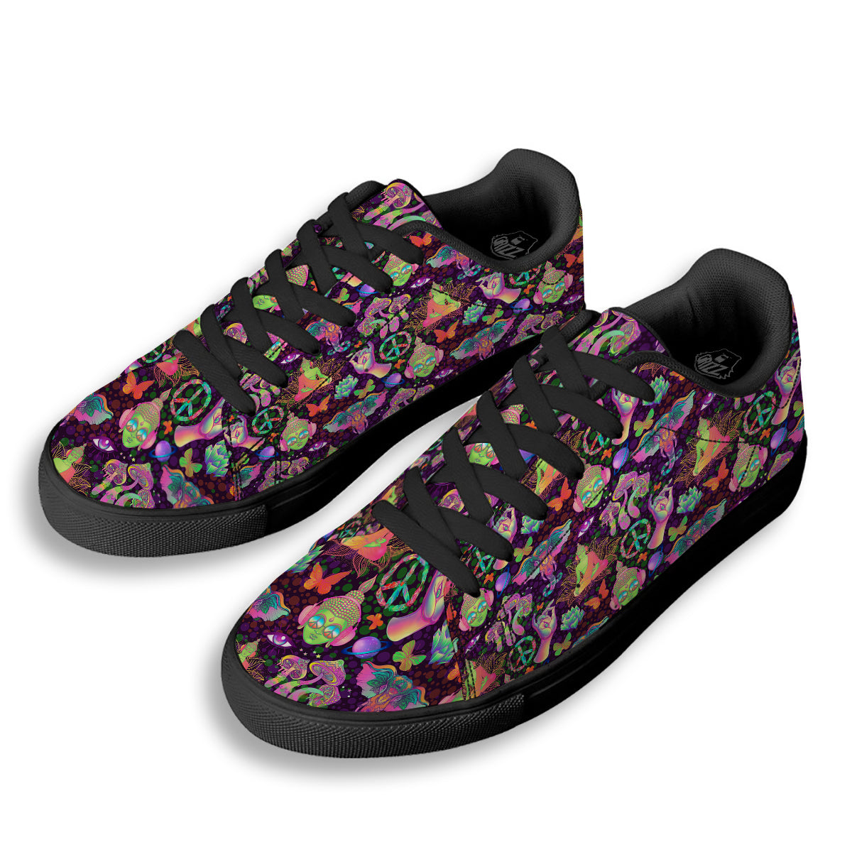 Psychedelic Trippy Drug Cartoon Print Pattern Black Low Top Sneakers-grizzshop