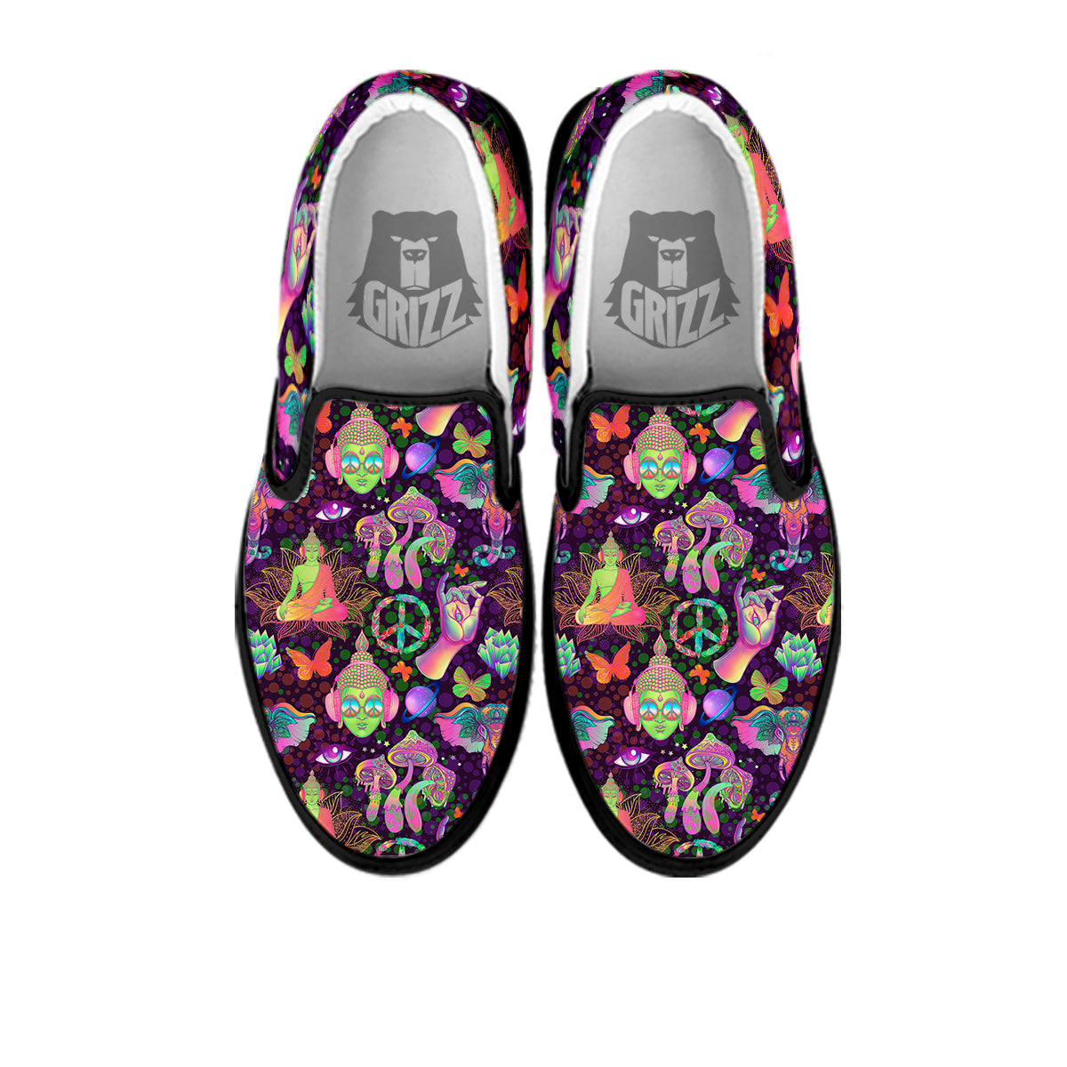 Psychedelic Trippy Drug Cartoon Print Pattern Black Slip On Shoes-grizzshop