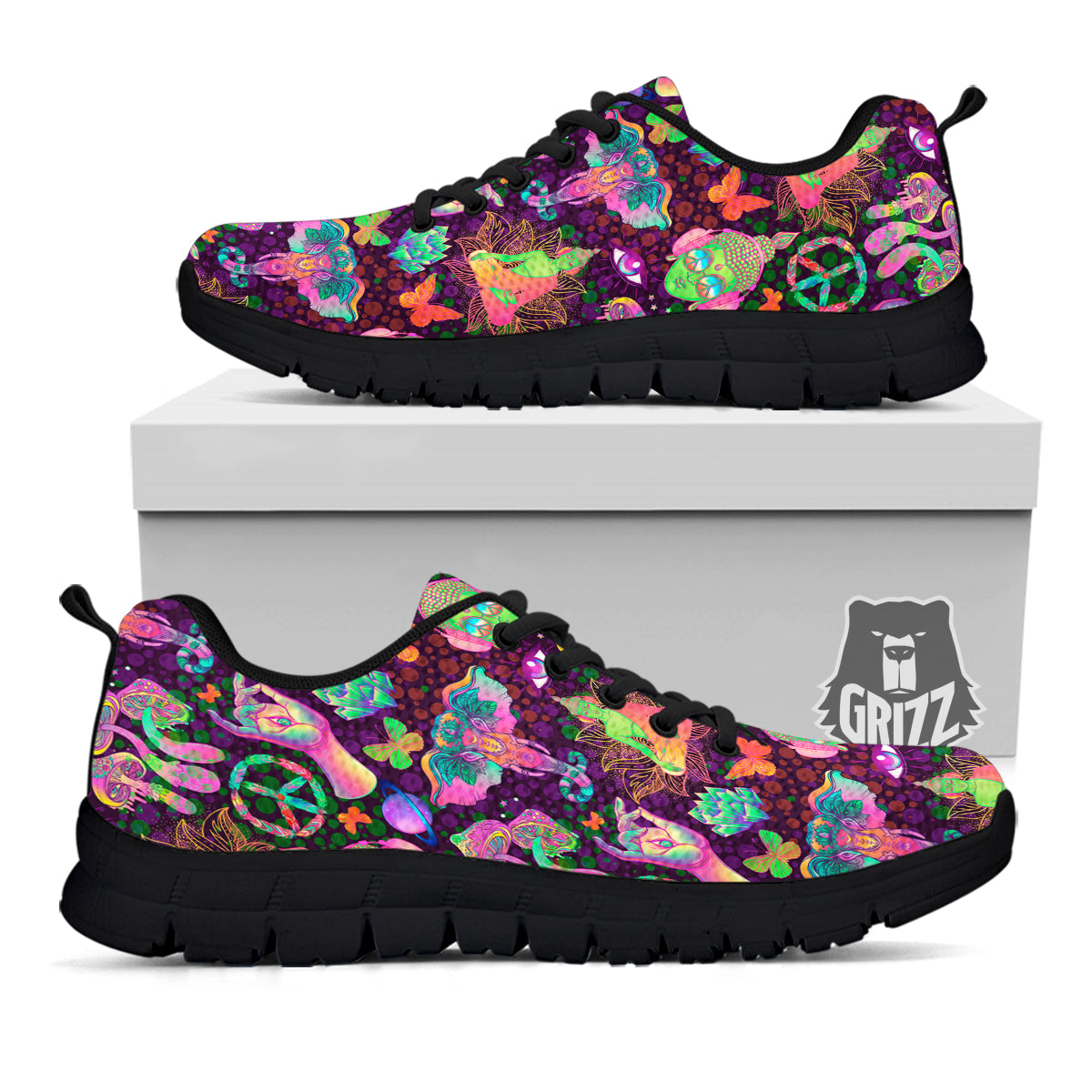 Psychedelic Trippy Drug Cartoon Print Pattern Black Sneaker-grizzshop