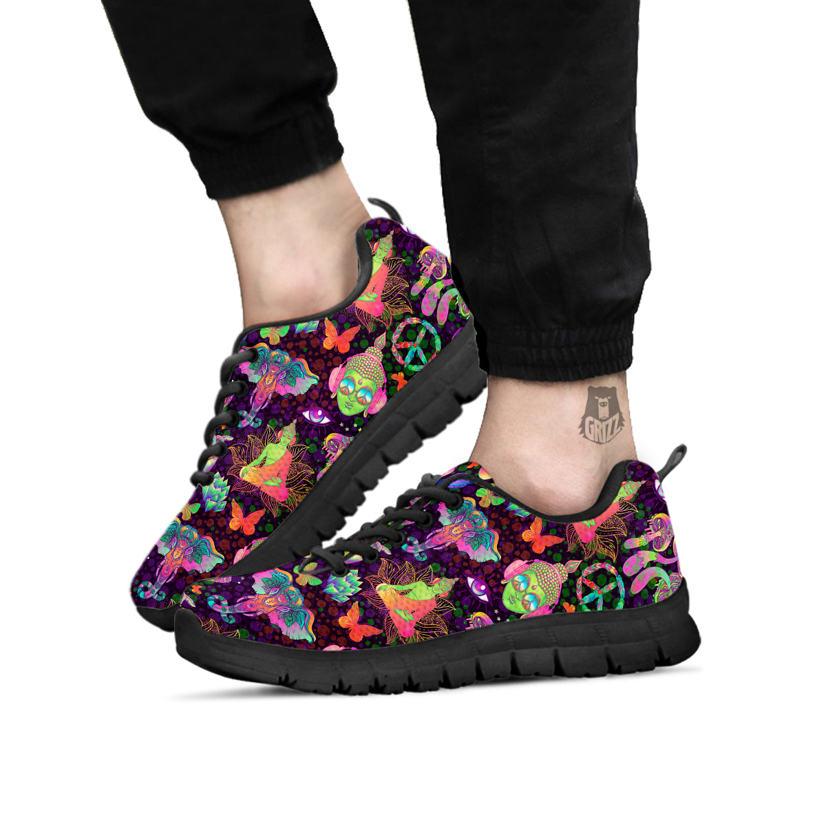 Psychedelic Trippy Drug Cartoon Print Pattern Black Sneaker-grizzshop