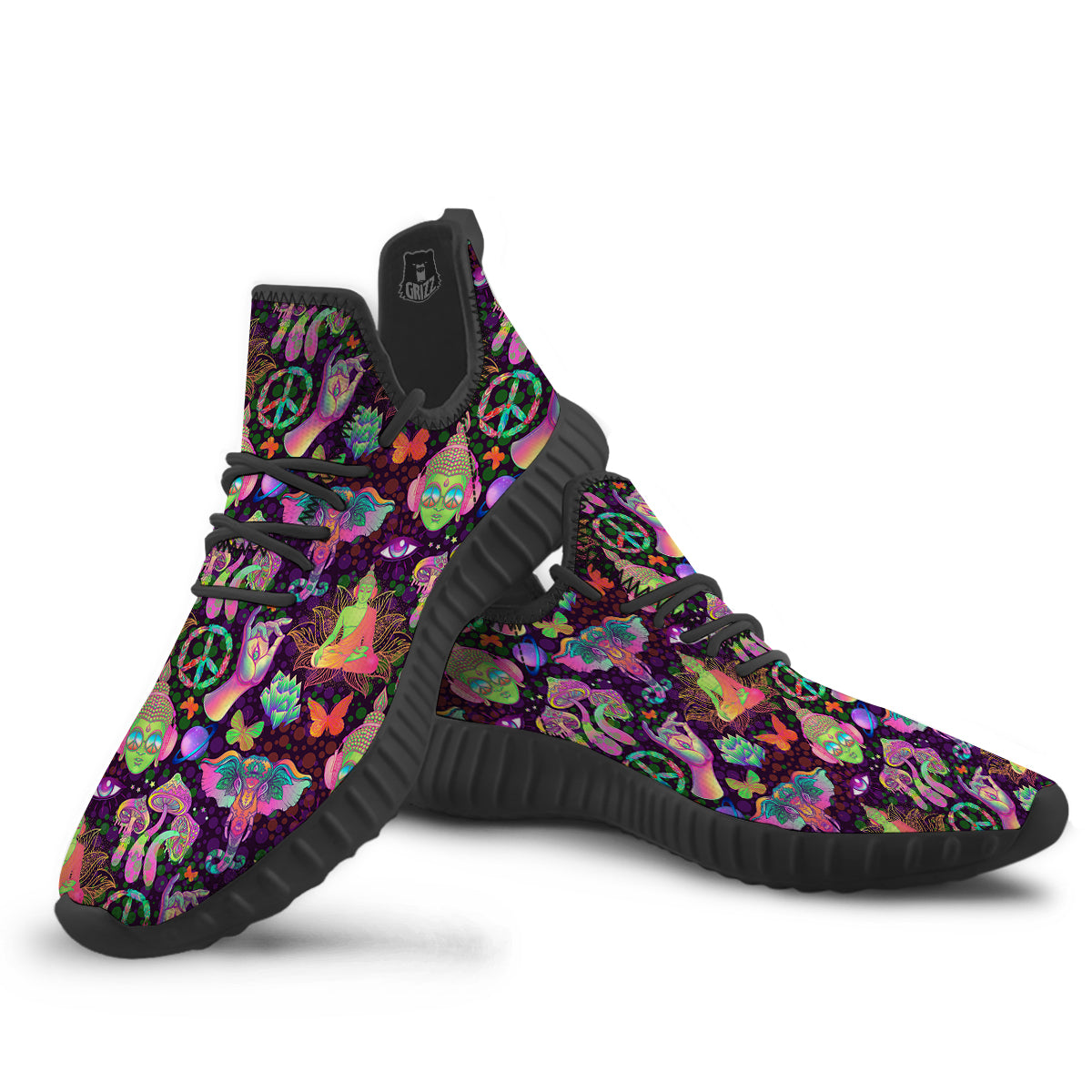 Psychedelic Trippy Drug Cartoon Print Pattern Black Walking Shoes-grizzshop