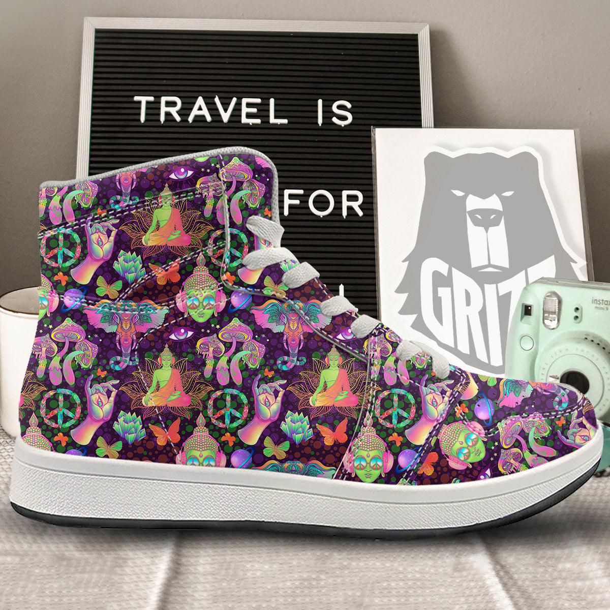 Psychedelic Trippy Drug Cartoon Print Pattern High Top Sneakers-grizzshop