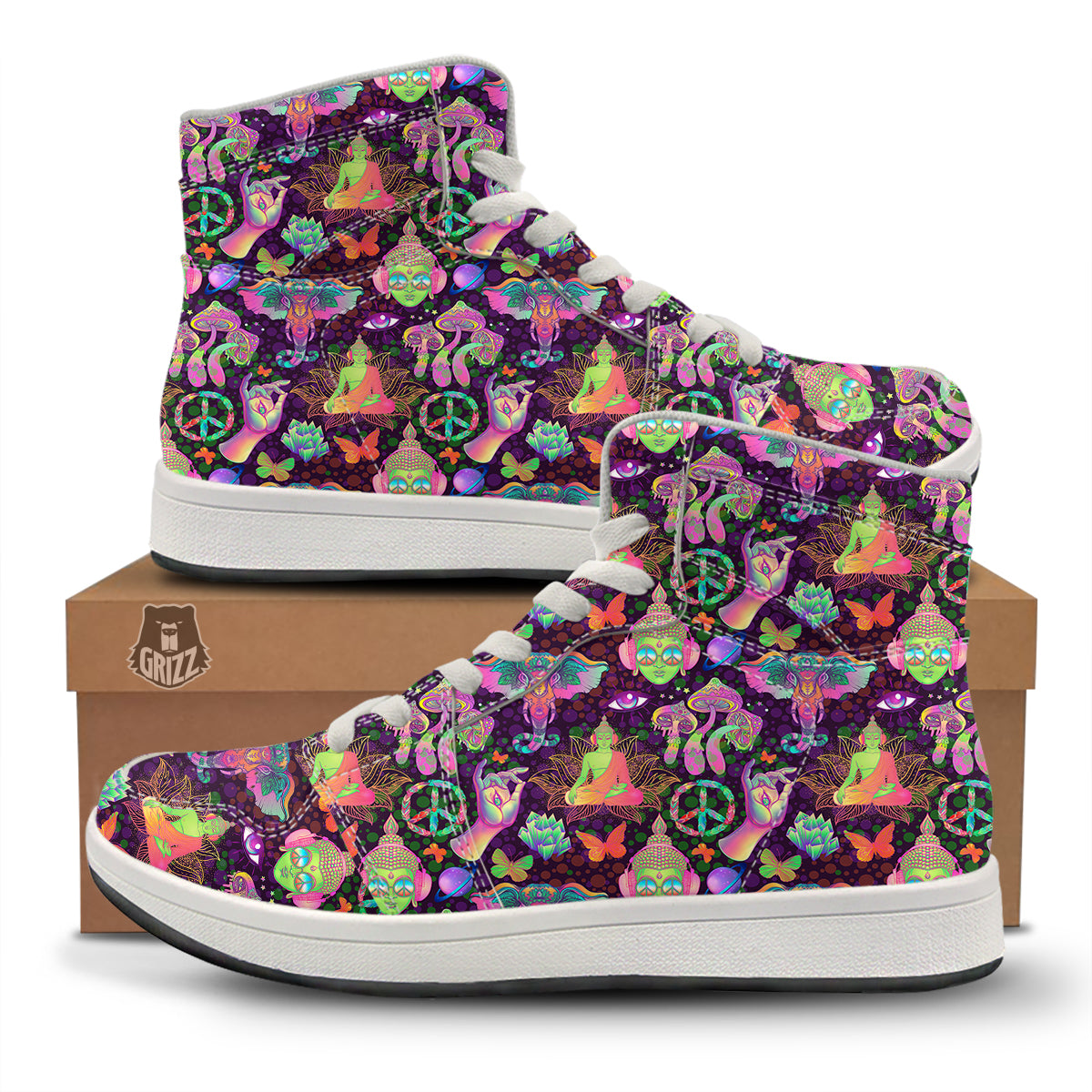 Psychedelic Trippy Drug Cartoon Print Pattern High Top Sneakers-grizzshop