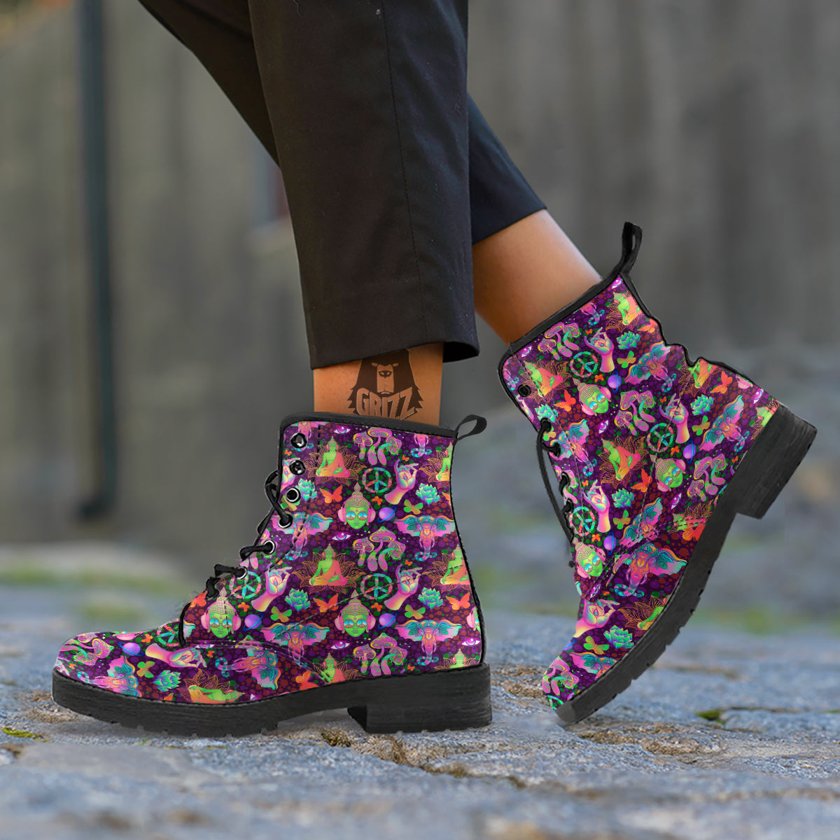 Psychedelic Trippy Drug Cartoon Print Pattern Leather Boots-grizzshop