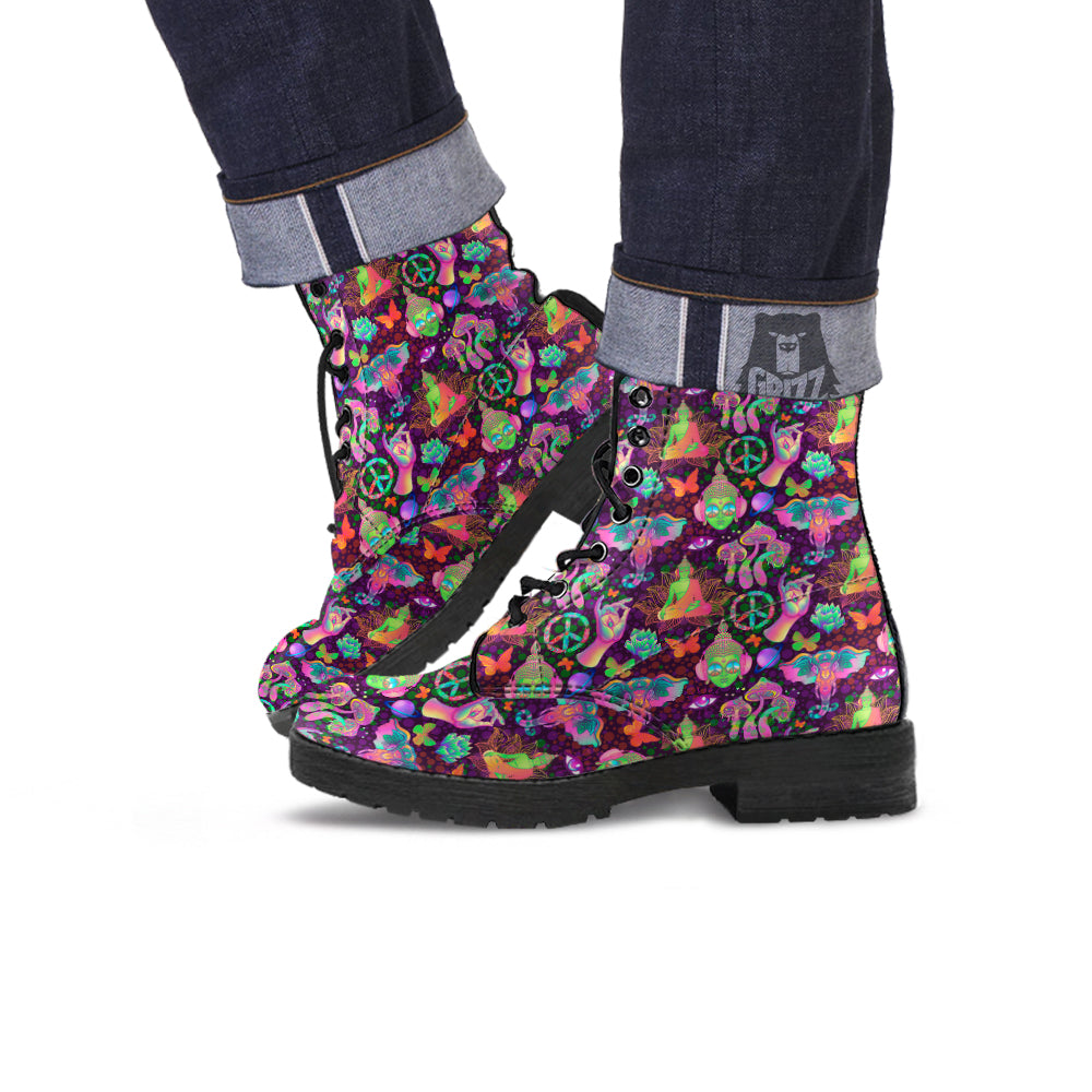 Psychedelic Trippy Drug Cartoon Print Pattern Leather Boots-grizzshop