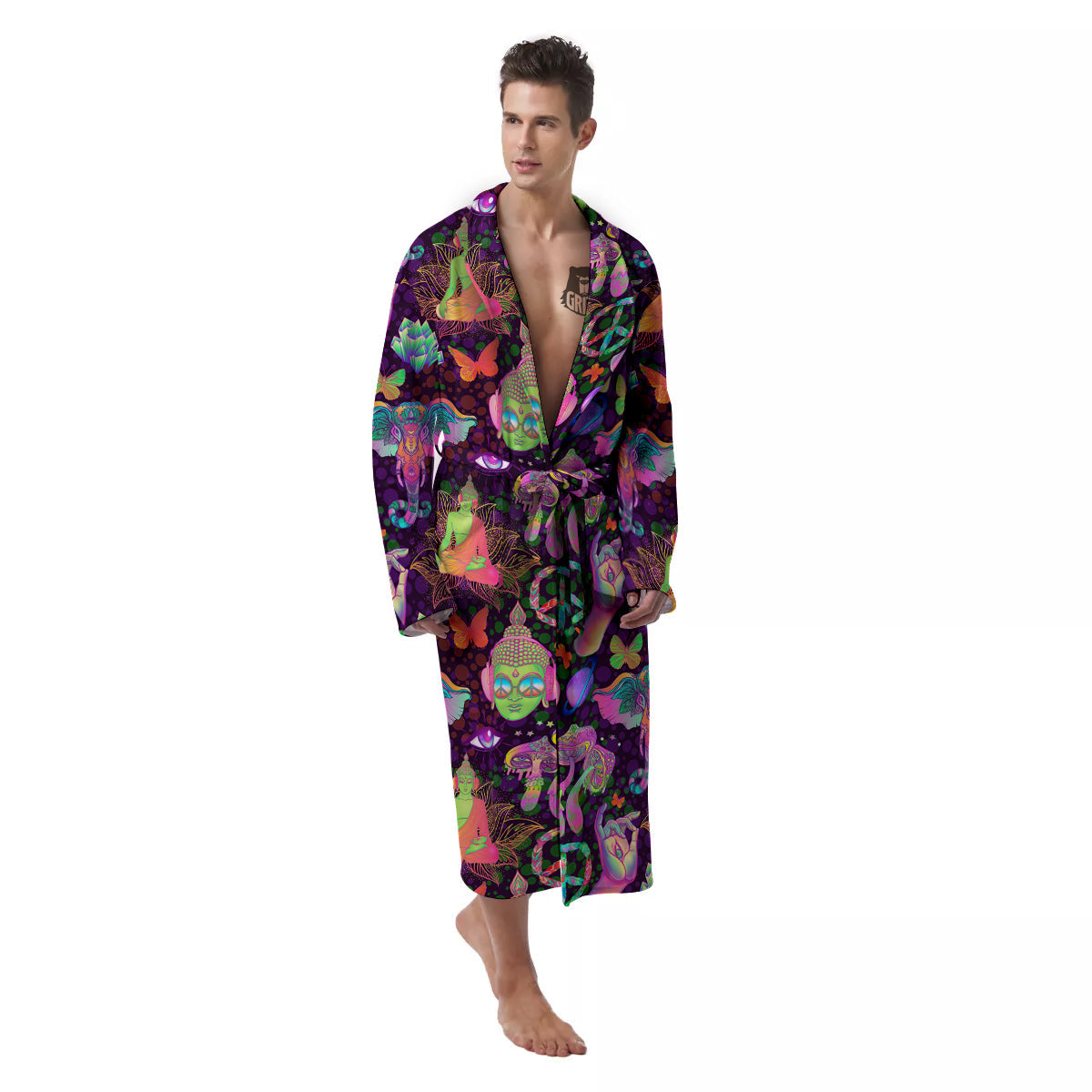 Psychedelic Trippy Drug Cartoon Print Pattern Men's Robe-grizzshop