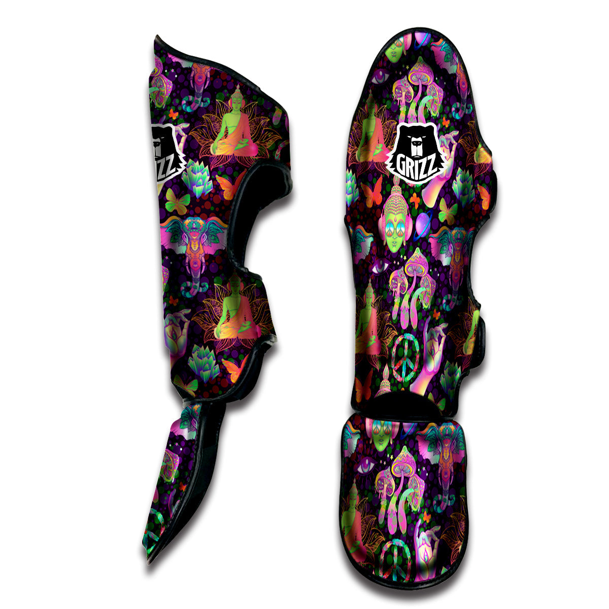 Psychedelic Trippy Drug Cartoon Print Pattern Muay Thai Shin Guards-grizzshop