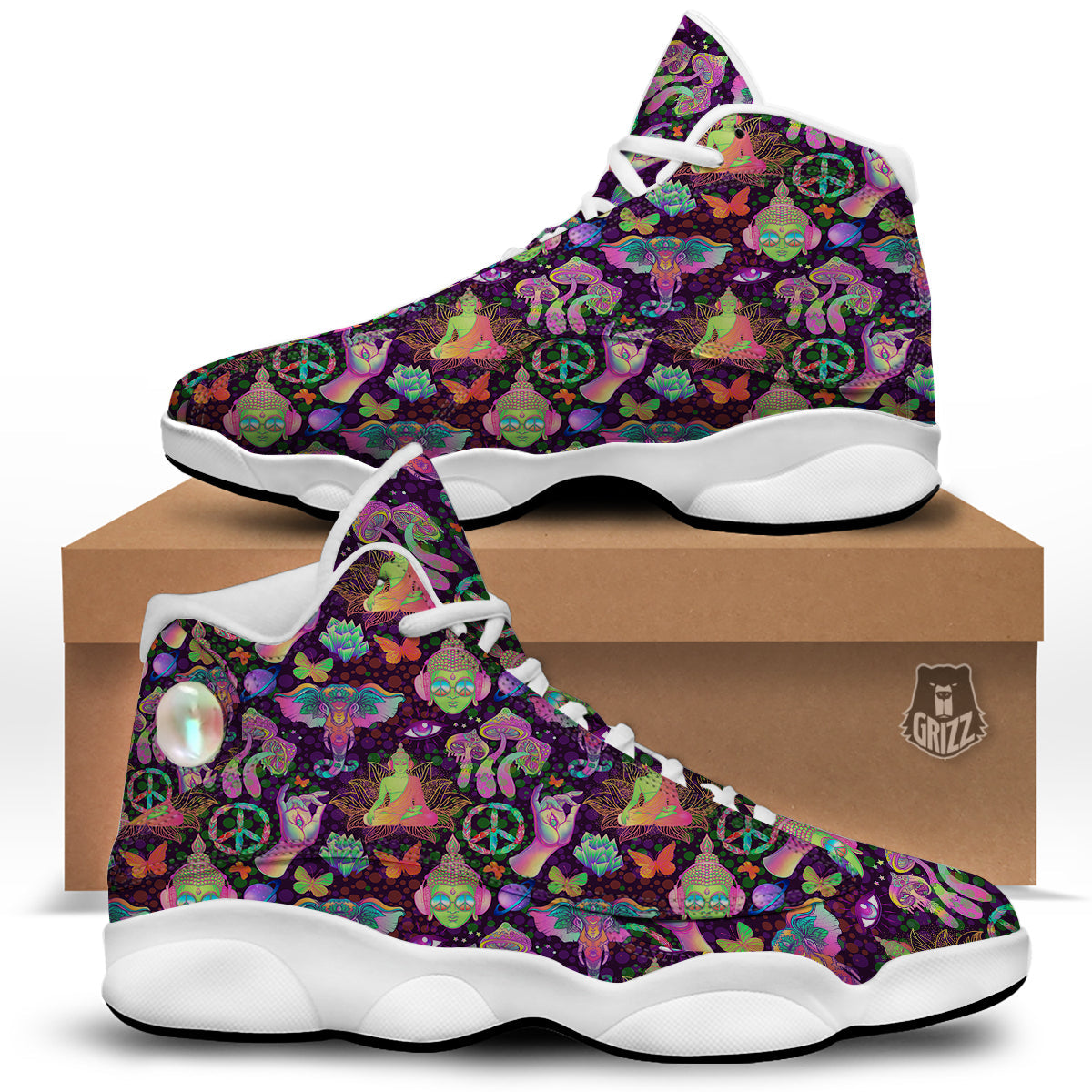 Psychedelic Trippy Drug Cartoon Print Pattern White Basketball Shoes-grizzshop