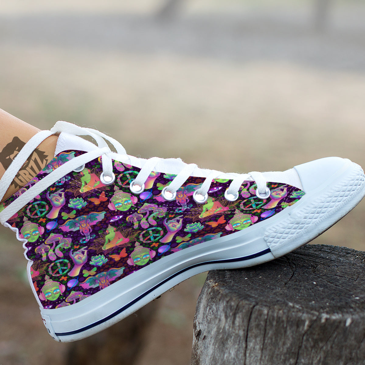 Psychedelic Trippy Drug Cartoon Print Pattern White High Top Shoes-grizzshop