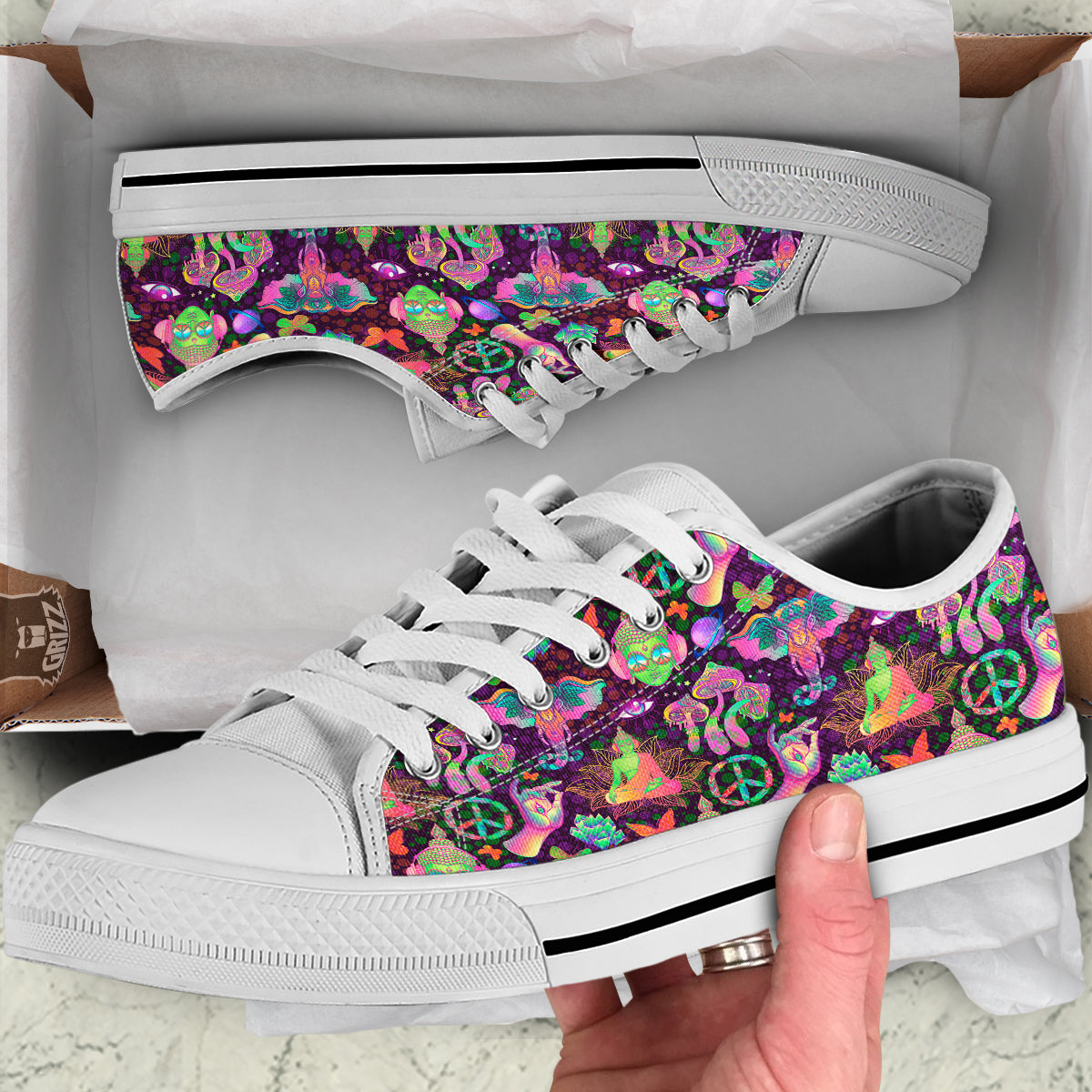 Psychedelic Trippy Drug Cartoon Print Pattern White Low Top Shoes-grizzshop