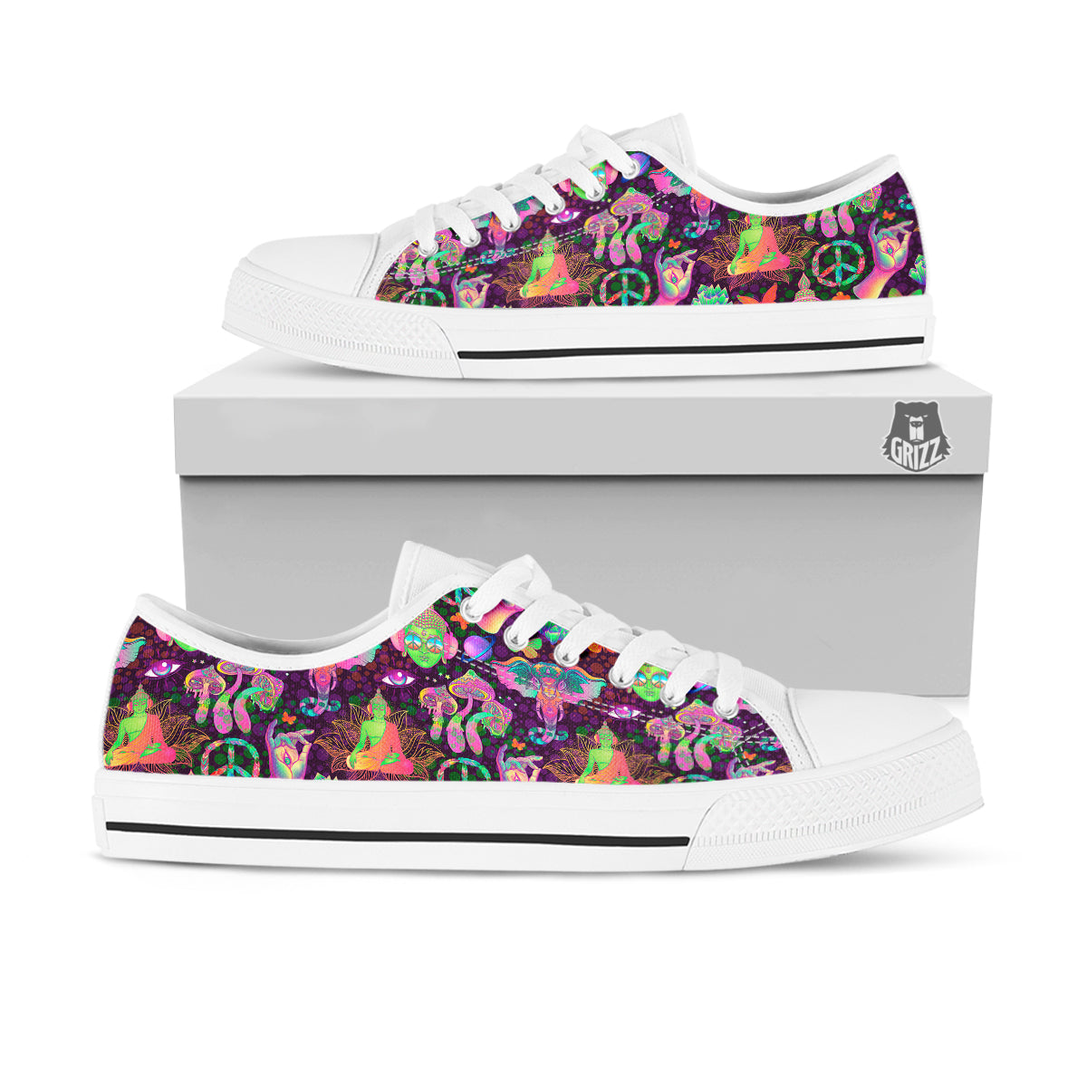 Psychedelic Trippy Drug Cartoon Print Pattern White Low Top Shoes-grizzshop