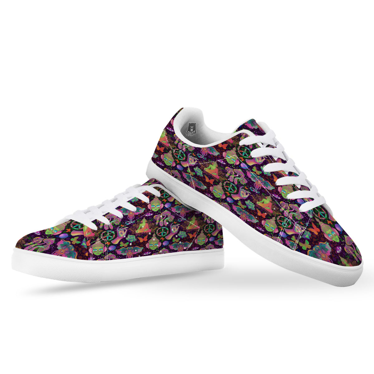 Psychedelic Trippy Drug Cartoon Print Pattern White Low Top Sneakers-grizzshop