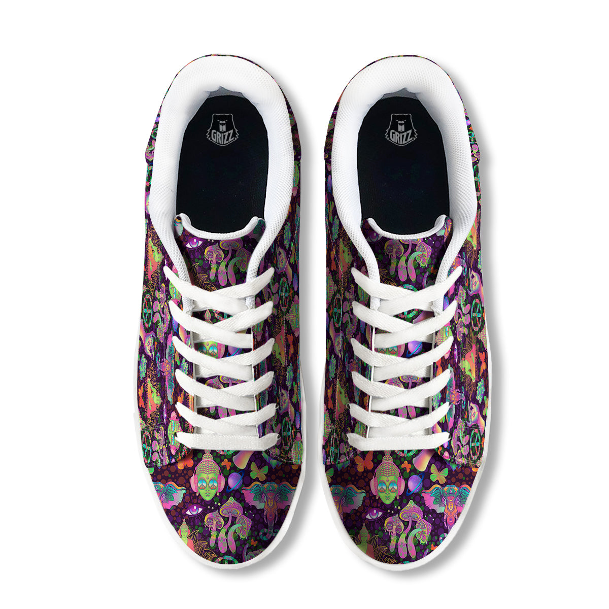 Psychedelic Trippy Drug Cartoon Print Pattern White Low Top Sneakers-grizzshop