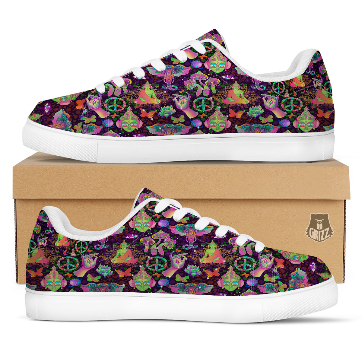 Psychedelic Trippy Drug Cartoon Print Pattern White Low Top Sneakers-grizzshop