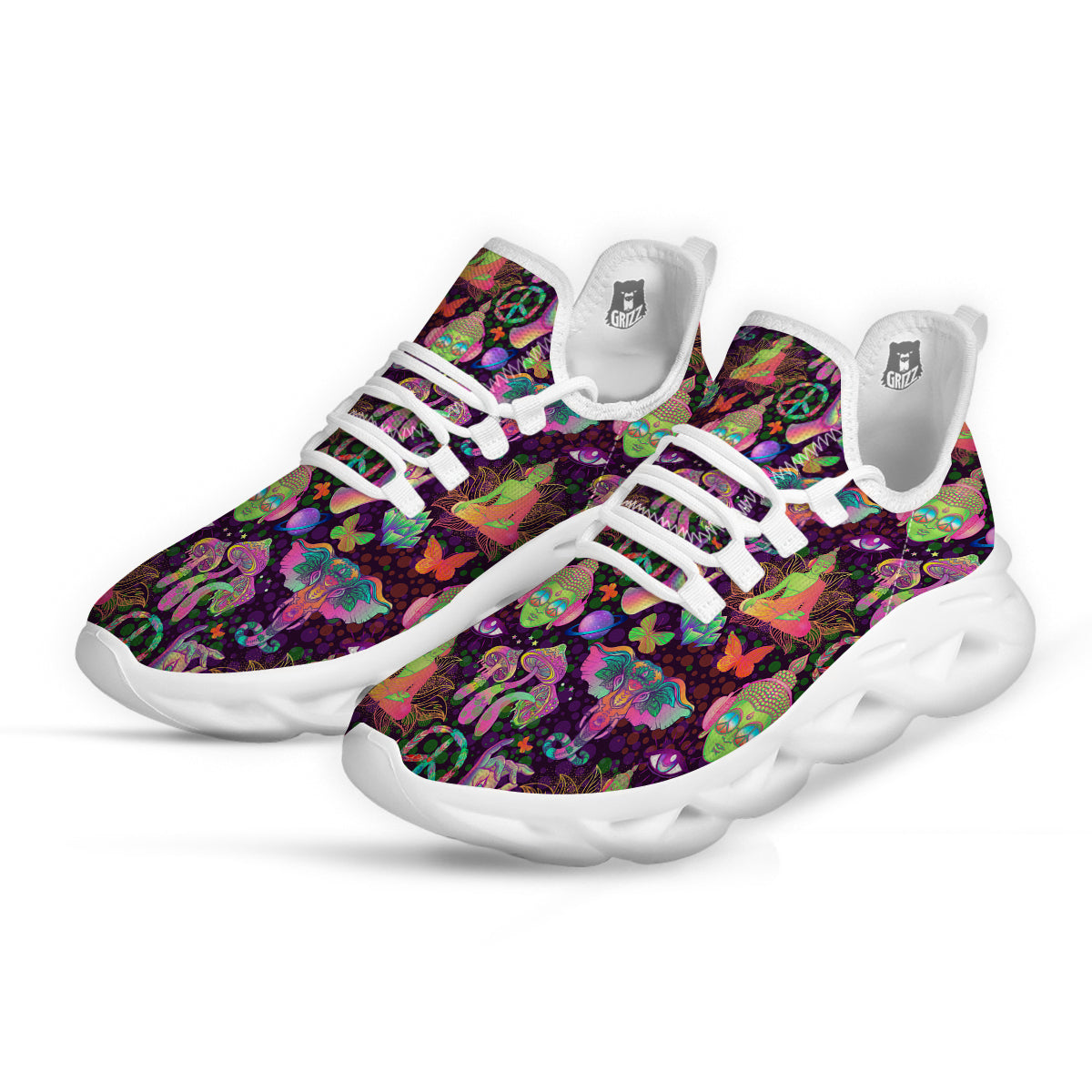 Psychedelic Trippy Drug Cartoon Print Pattern White Running Shoes-grizzshop