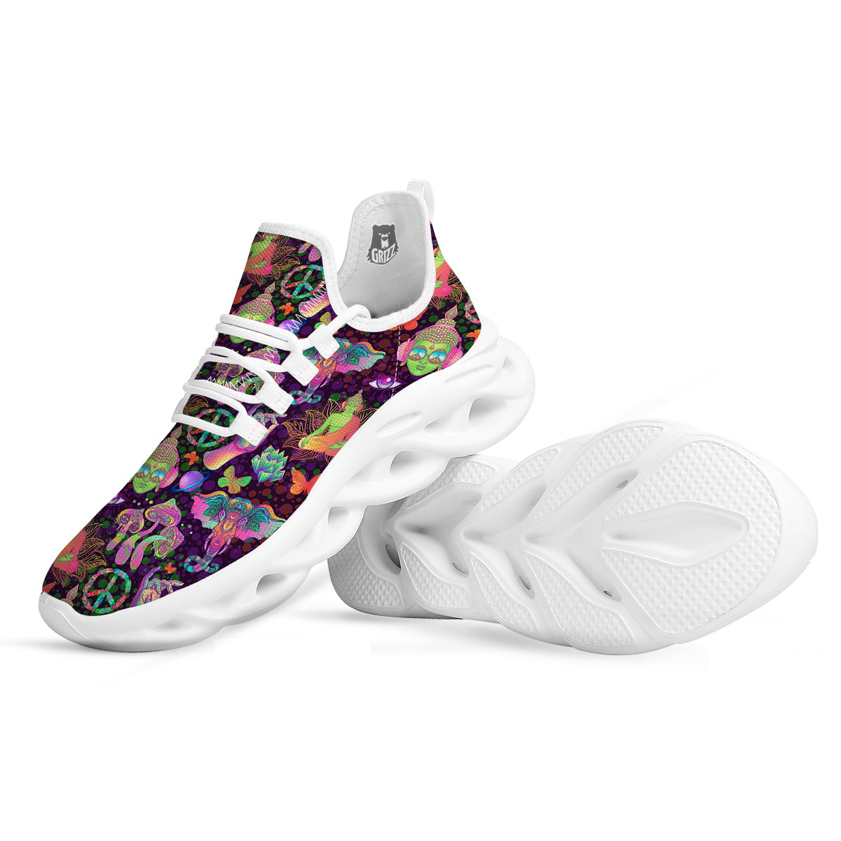 Psychedelic Trippy Drug Cartoon Print Pattern White Running Shoes-grizzshop