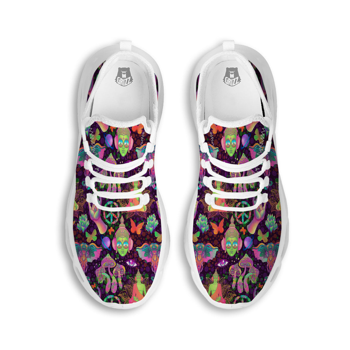 Psychedelic Trippy Drug Cartoon Print Pattern White Running Shoes-grizzshop