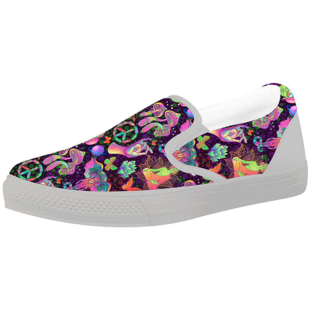 Psychedelic Trippy Drug Cartoon Print Pattern White Slip On Shoes-grizzshop