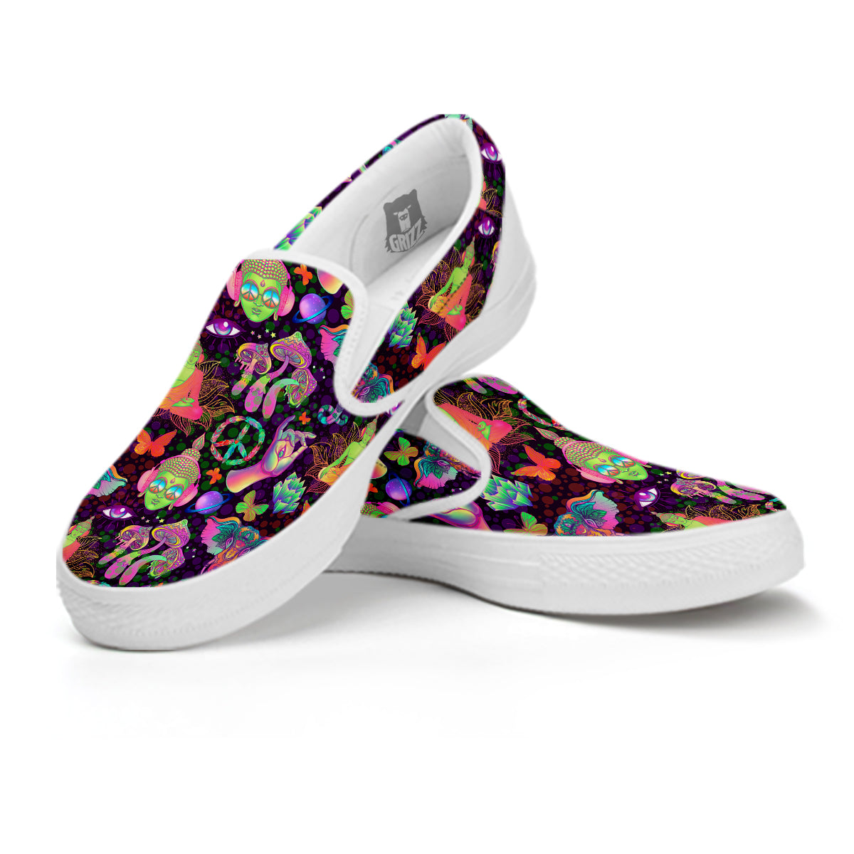 Psychedelic Trippy Drug Cartoon Print Pattern White Slip On Shoes-grizzshop