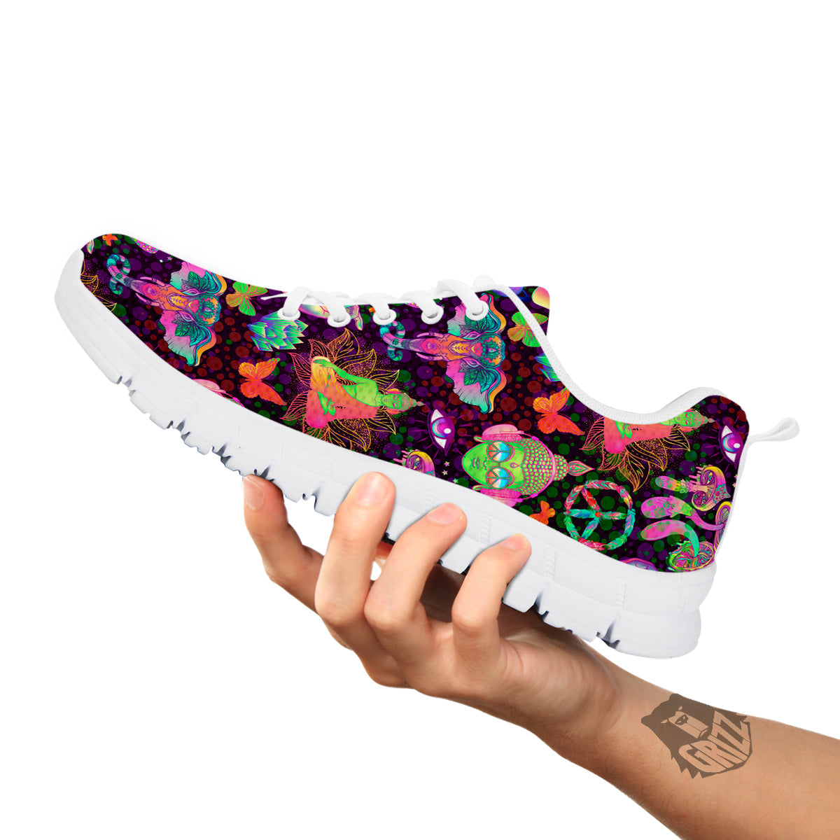 Psychedelic Trippy Drug Cartoon Print Pattern White Sneaker-grizzshop