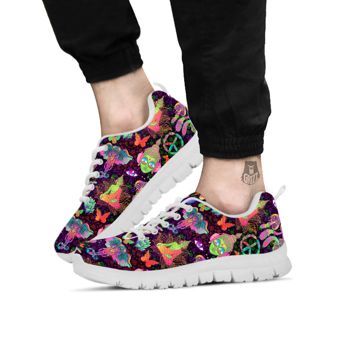 Psychedelic Trippy Drug Cartoon Print Pattern White Sneaker-grizzshop