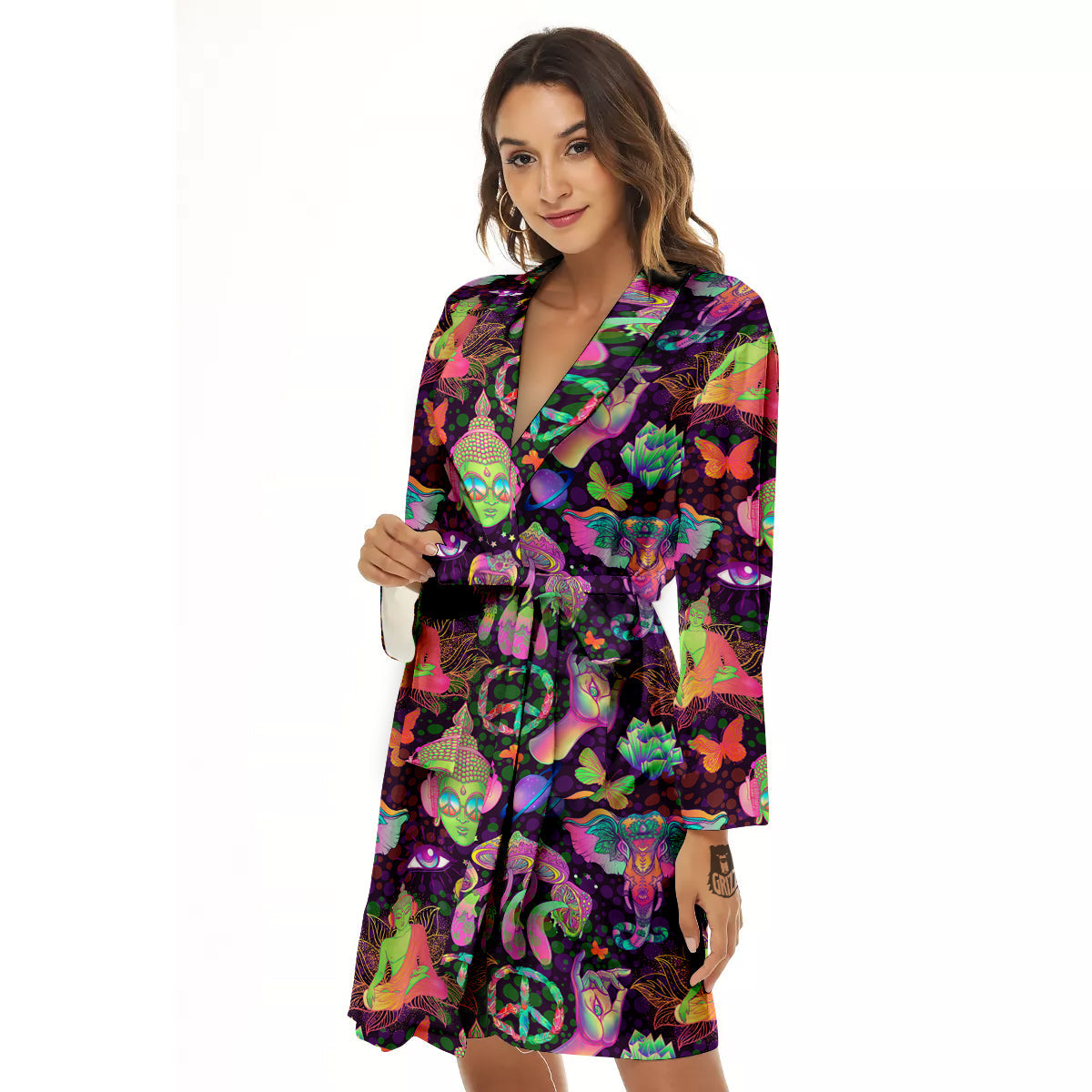 Psychedelic Trippy Drug Cartoon Print Pattern Women's Robe-grizzshop