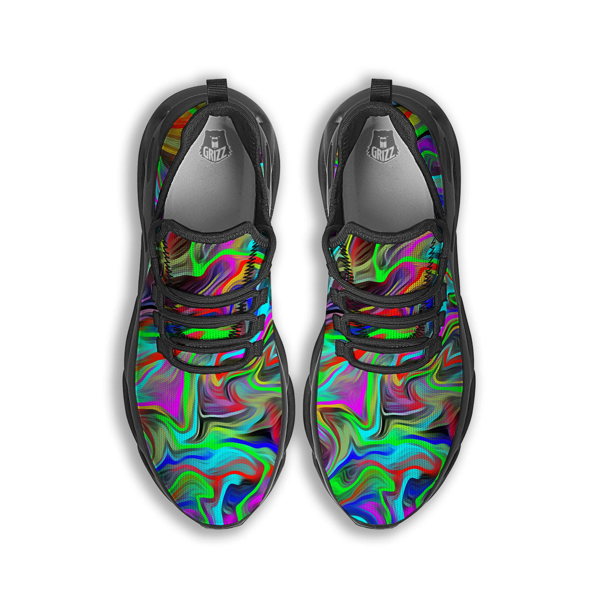 Psychedelic Trippy Neon Green Print Black Running Shoes-grizzshop