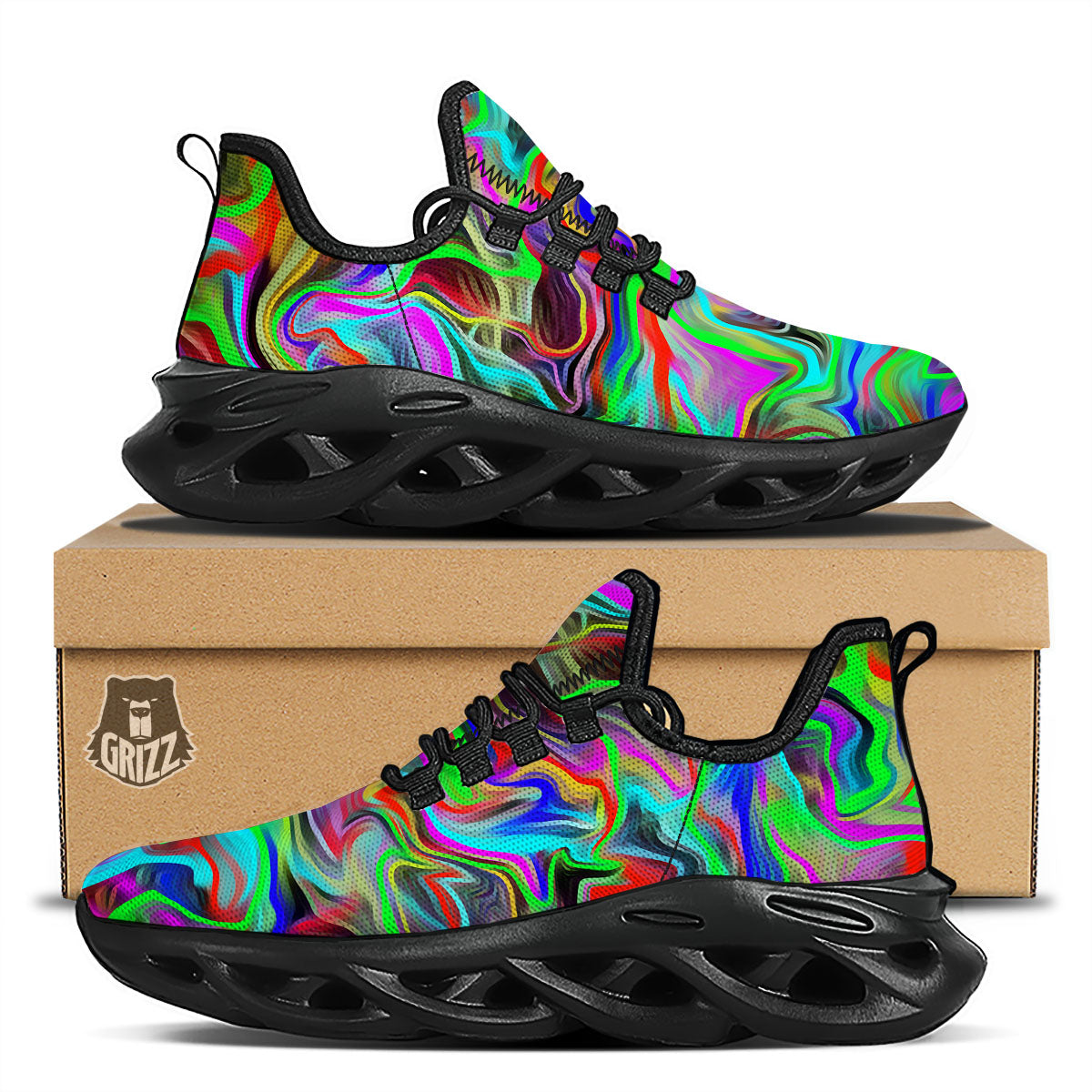 Psychedelic Trippy Neon Green Print Black Running Shoes-grizzshop