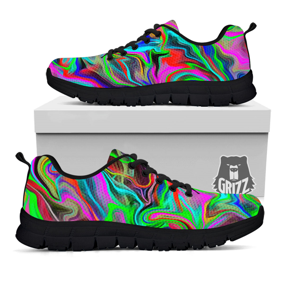 Psychedelic Trippy Neon Green Print Black Sneaker-grizzshop