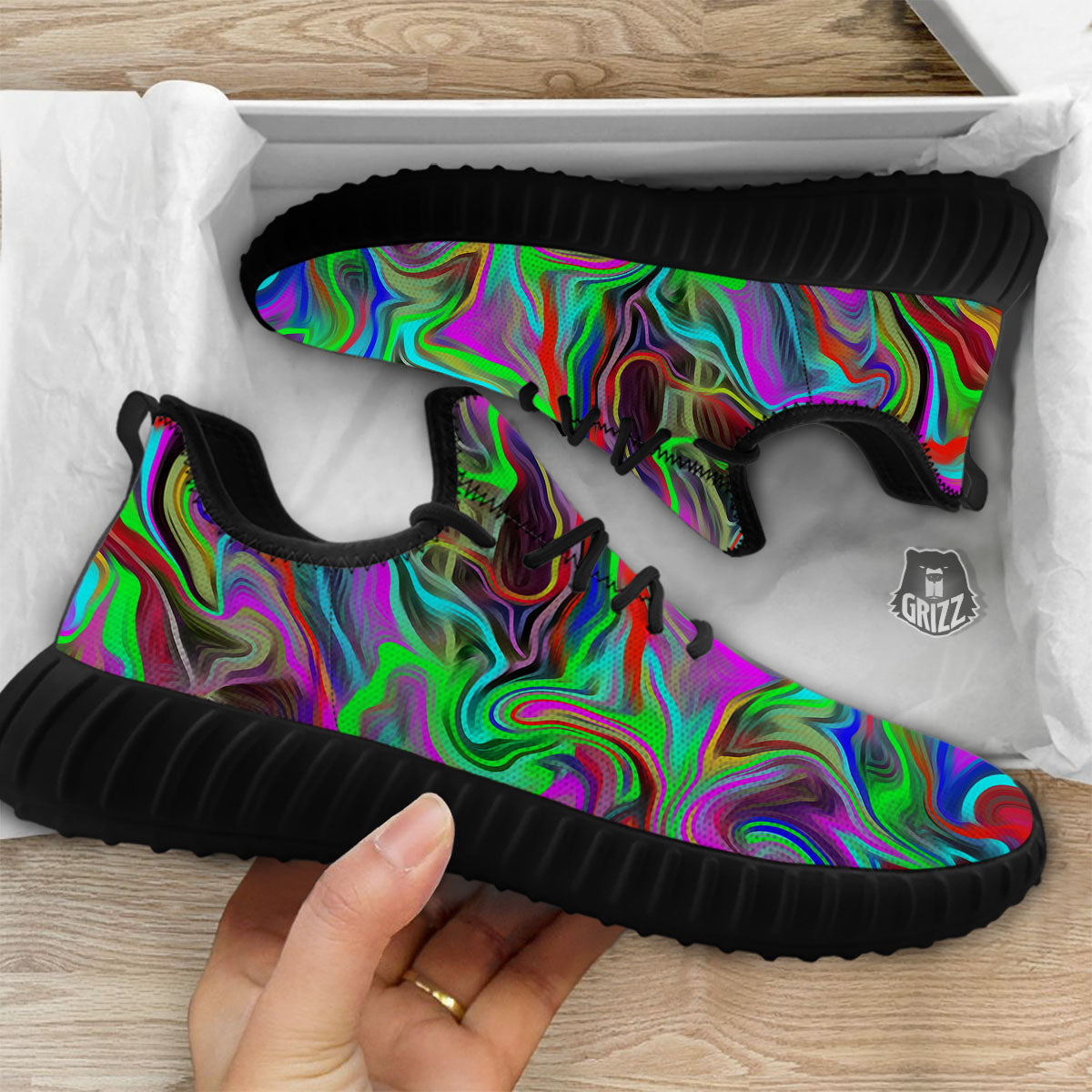 Psychedelic Trippy Neon Green Print Black Walking Shoes-grizzshop