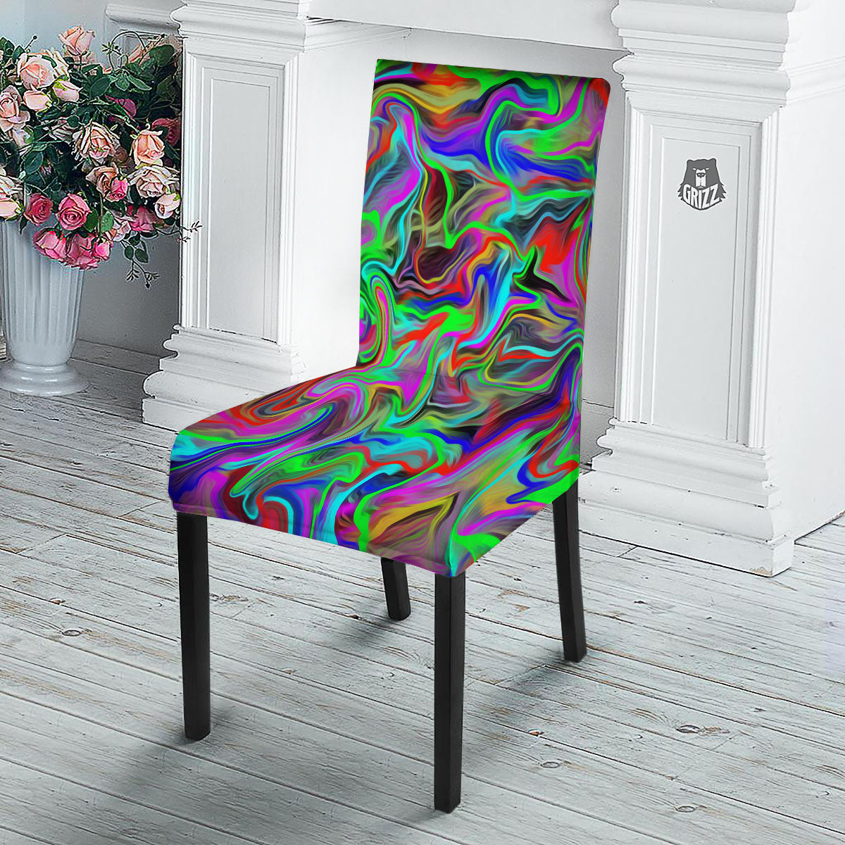 Psychedelic Trippy Neon Green Print Dining Chair Slipcover-grizzshop