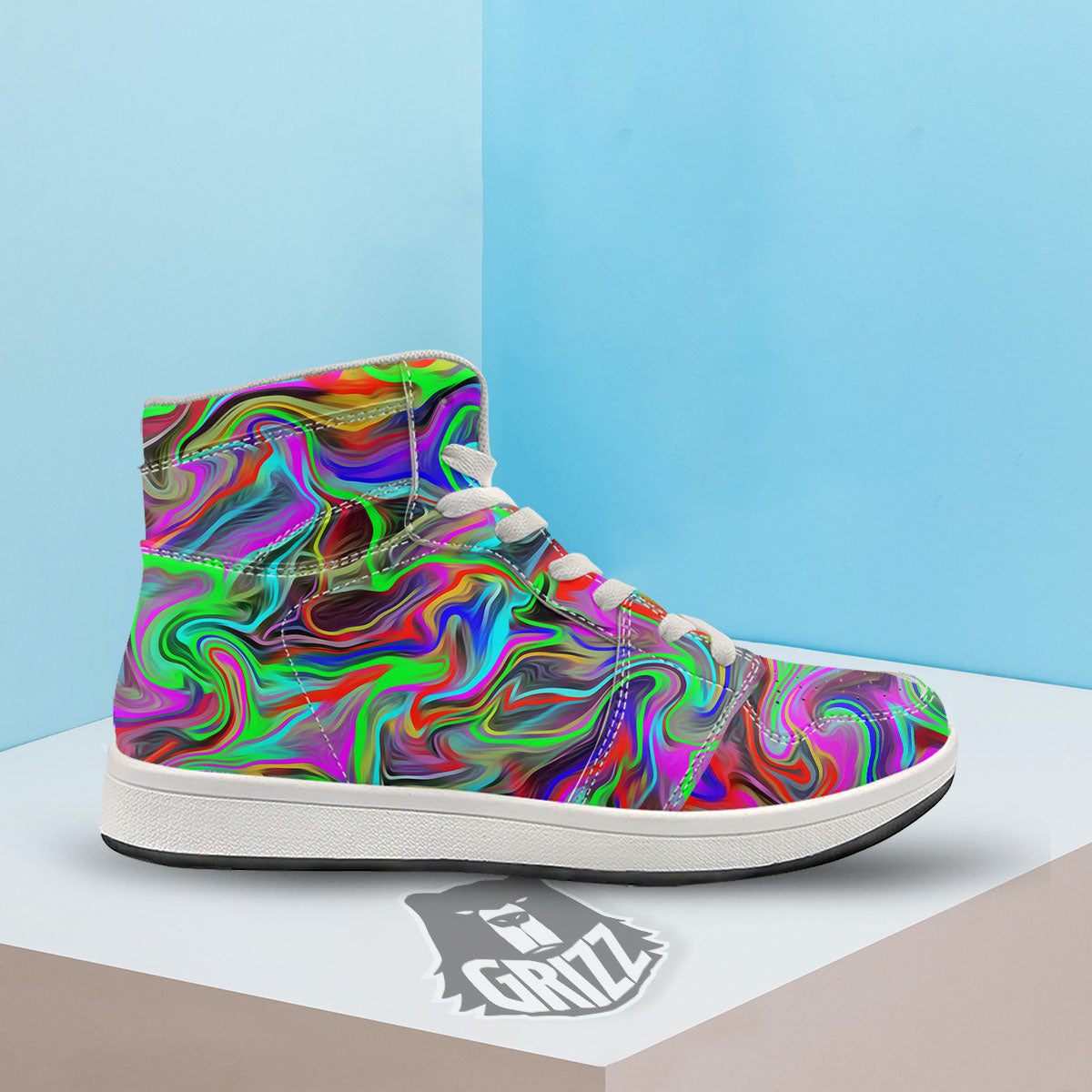 Psychedelic Trippy Neon Green Print High Top Sneakers-grizzshop