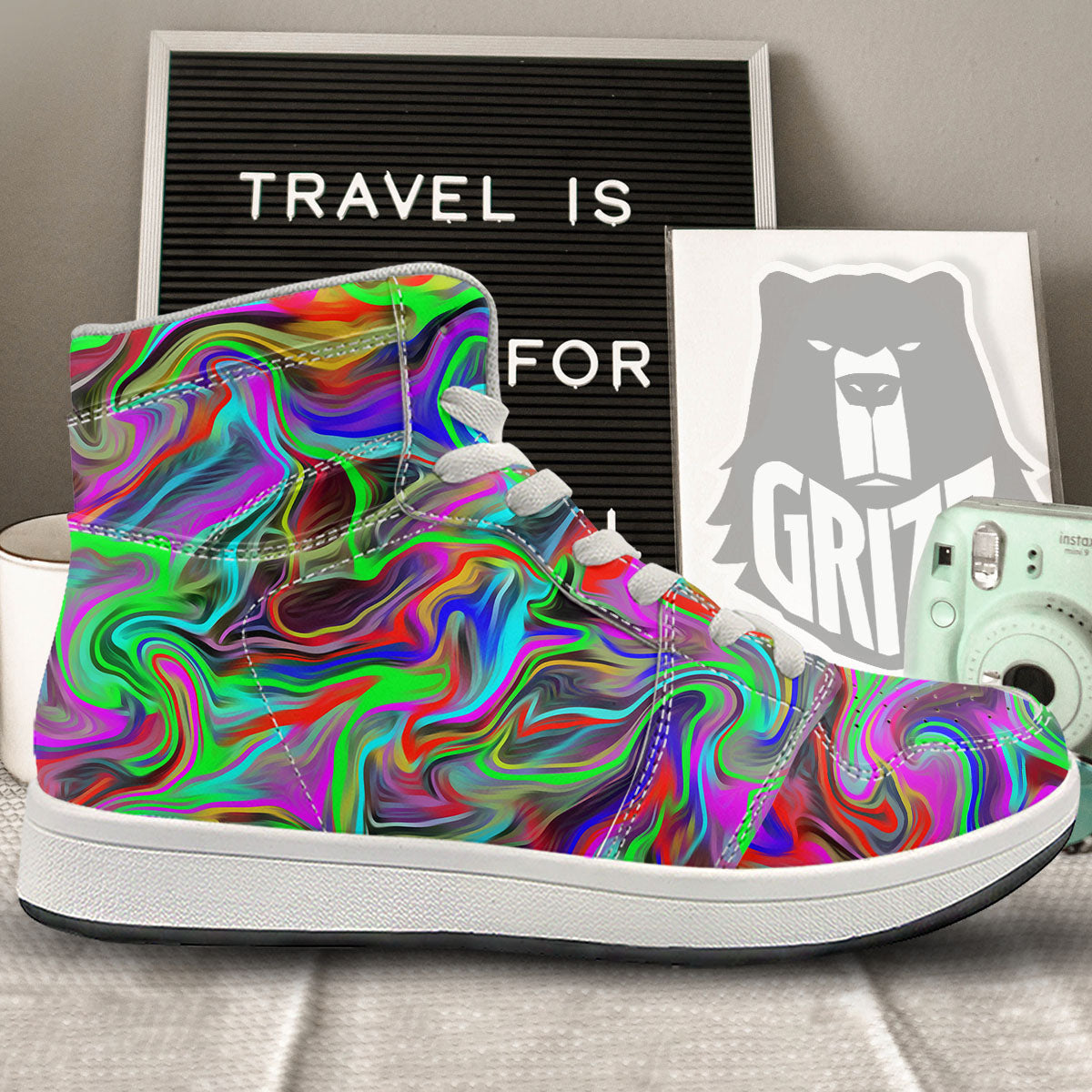 Psychedelic Trippy Neon Green Print High Top Sneakers-grizzshop