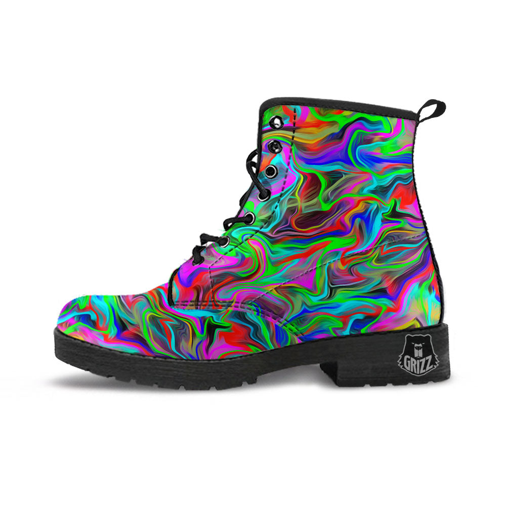 Psychedelic Trippy Neon Green Print Leather Boots-grizzshop