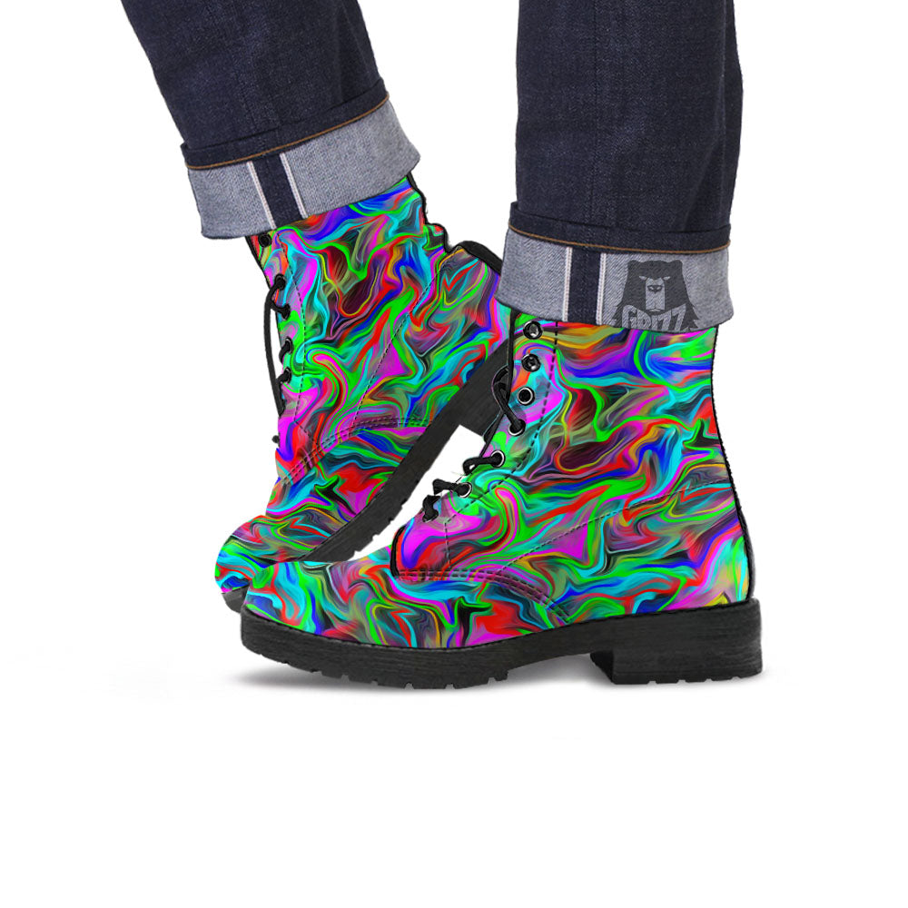 Psychedelic Trippy Neon Green Print Leather Boots-grizzshop