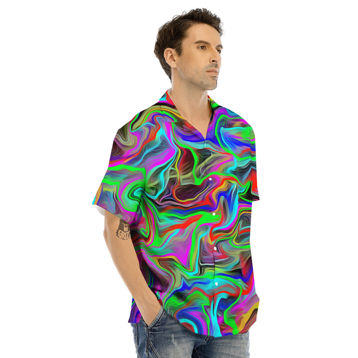 Psychedelic Trippy Neon Green Print Men's Hawaiian Shirt-grizzshop