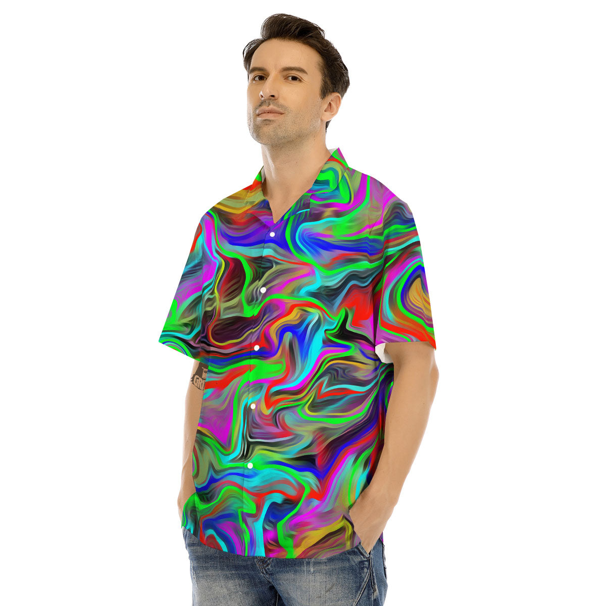 Psychedelic Trippy Neon Green Print Men's Hawaiian Shirt-grizzshop