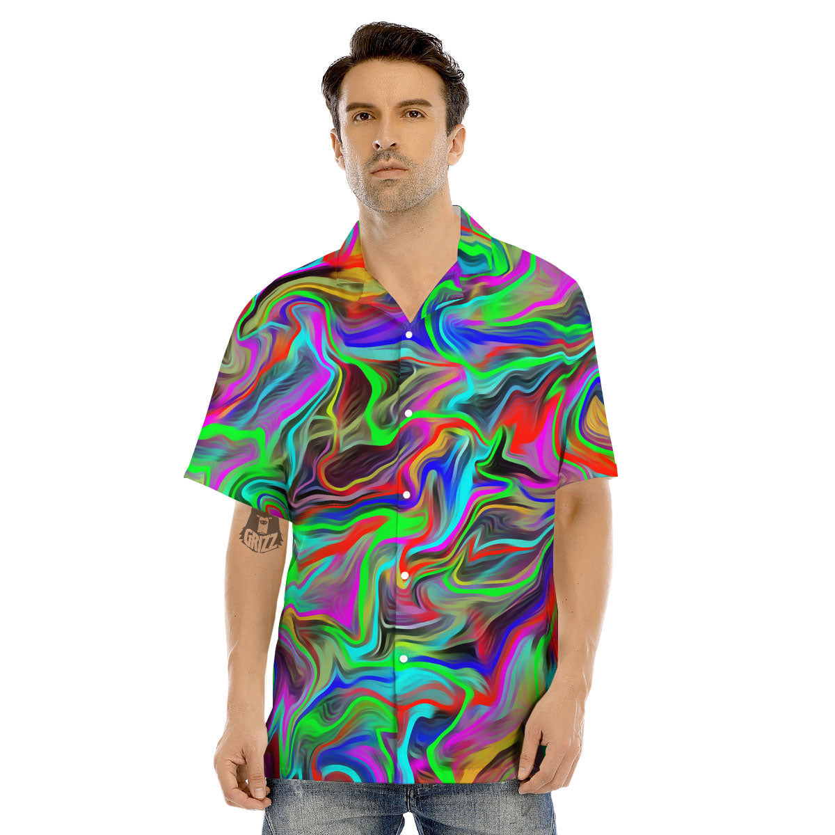 Psychedelic Trippy Neon Green Print Men's Hawaiian Shirt-grizzshop