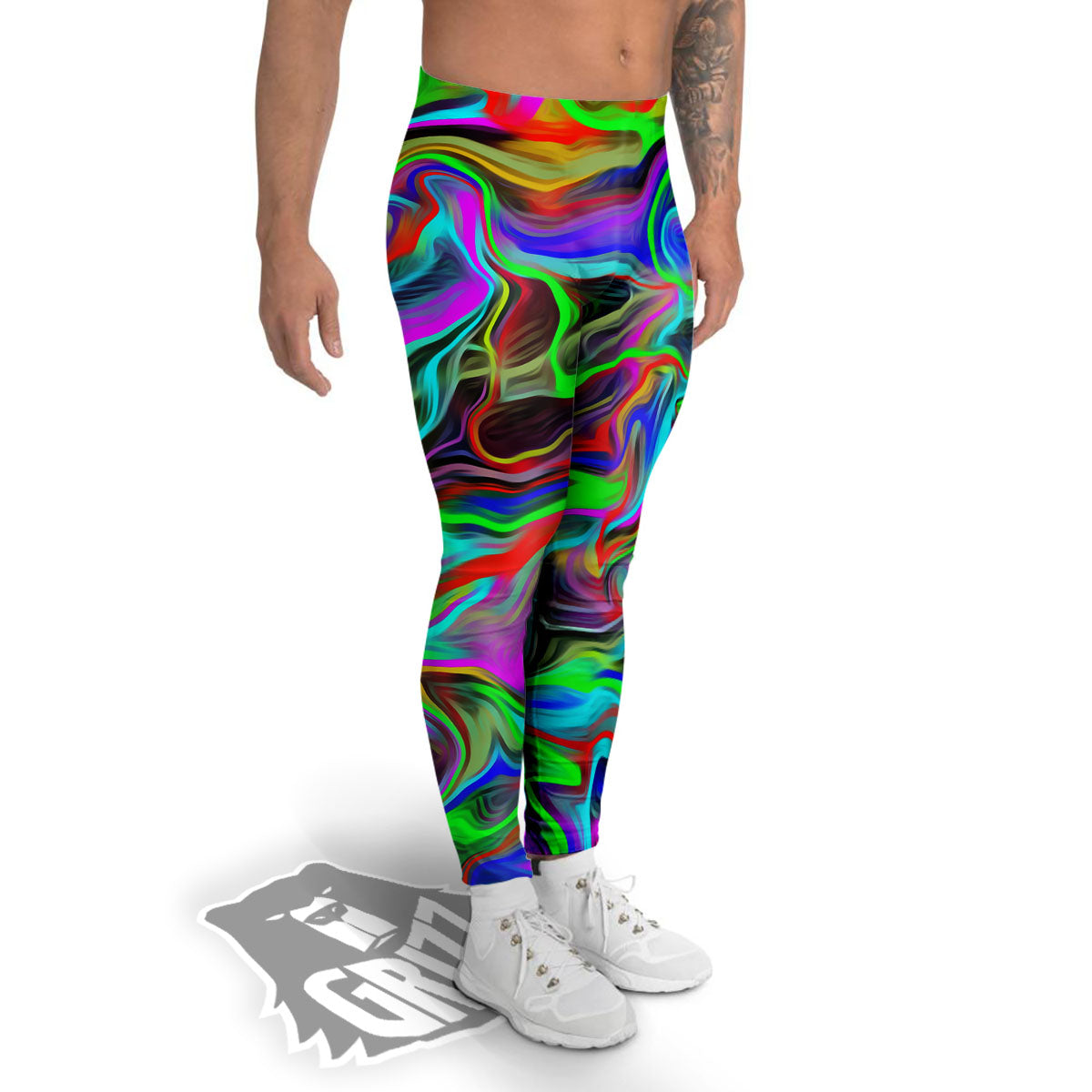 Psychedelic Trippy Neon Green Print Men's Leggings-grizzshop